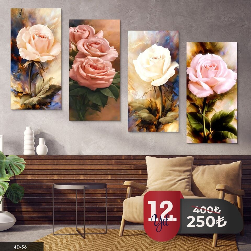 Renkli Güller 4 Parça Mdf Tablo