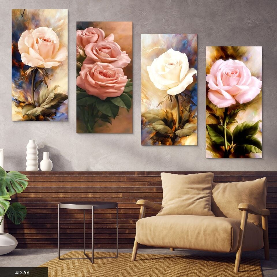 Renkli Güller 4 Parça Mdf Tablo