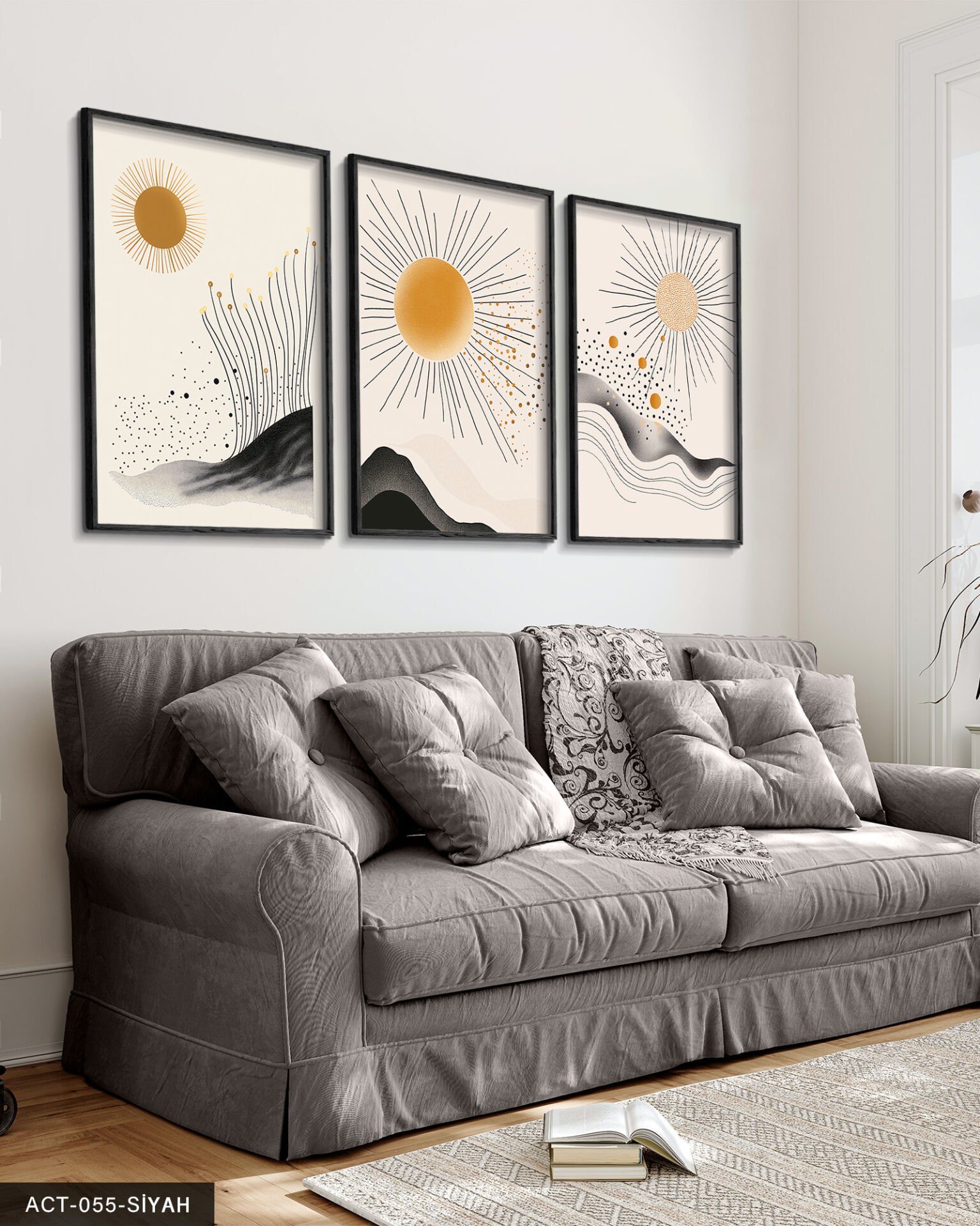 Dağ Güneş Soyut 3 Parça Ahşap Çerçeveli Tablo Siyah - 50 x 70 CM