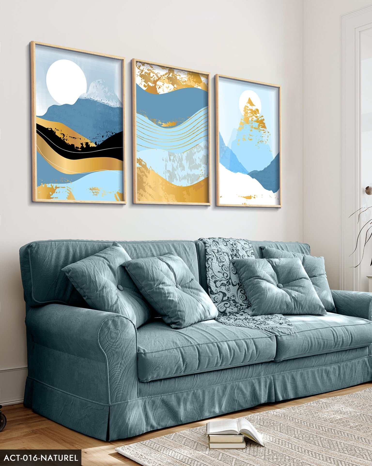 Soyut Dağ Görsel 3 Parça Ahşap Çerçeveli Tablo ACT Naturel - 40 x 60 CM