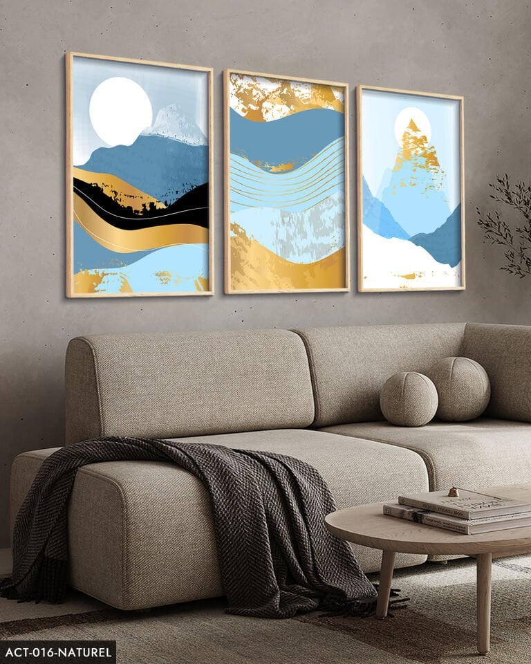 Soyut Dağ Görsel 3 Parça Ahşap Çerçeveli Tablo ACT Naturel - 40 x 60 CM