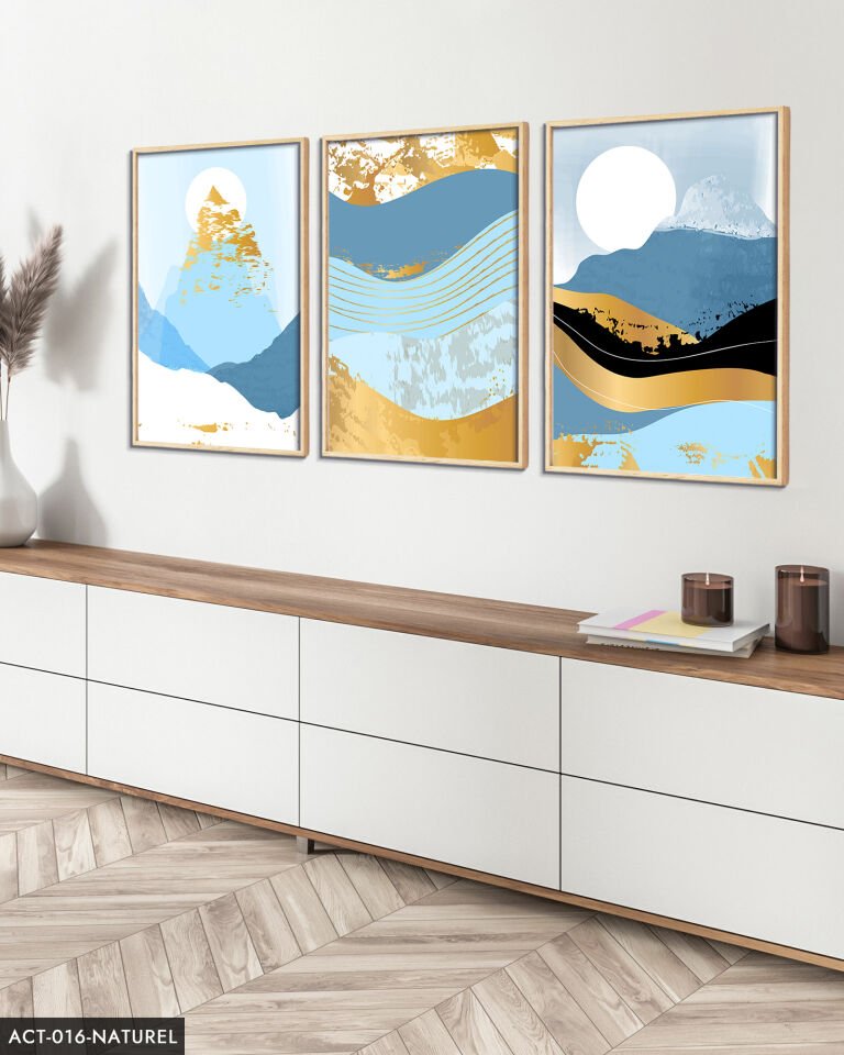 Soyut Dağ Görsel 3 Parça Ahşap Çerçeveli Tablo ACT Naturel - 40 x 60 CM