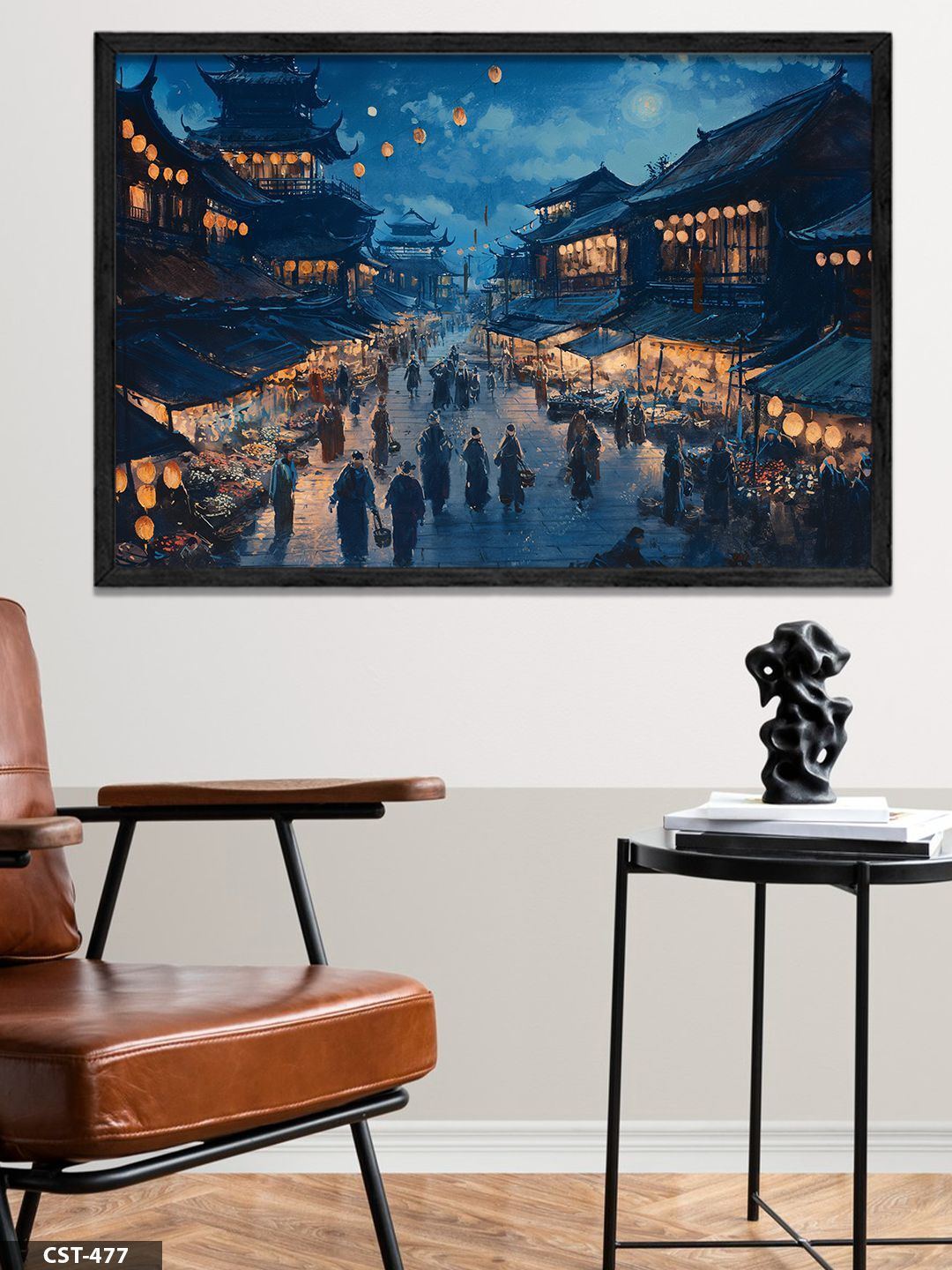 Gece Pazarı Tek Parça Ahşap Çerçeveli Tablo Siyah - 50 x 70 CM