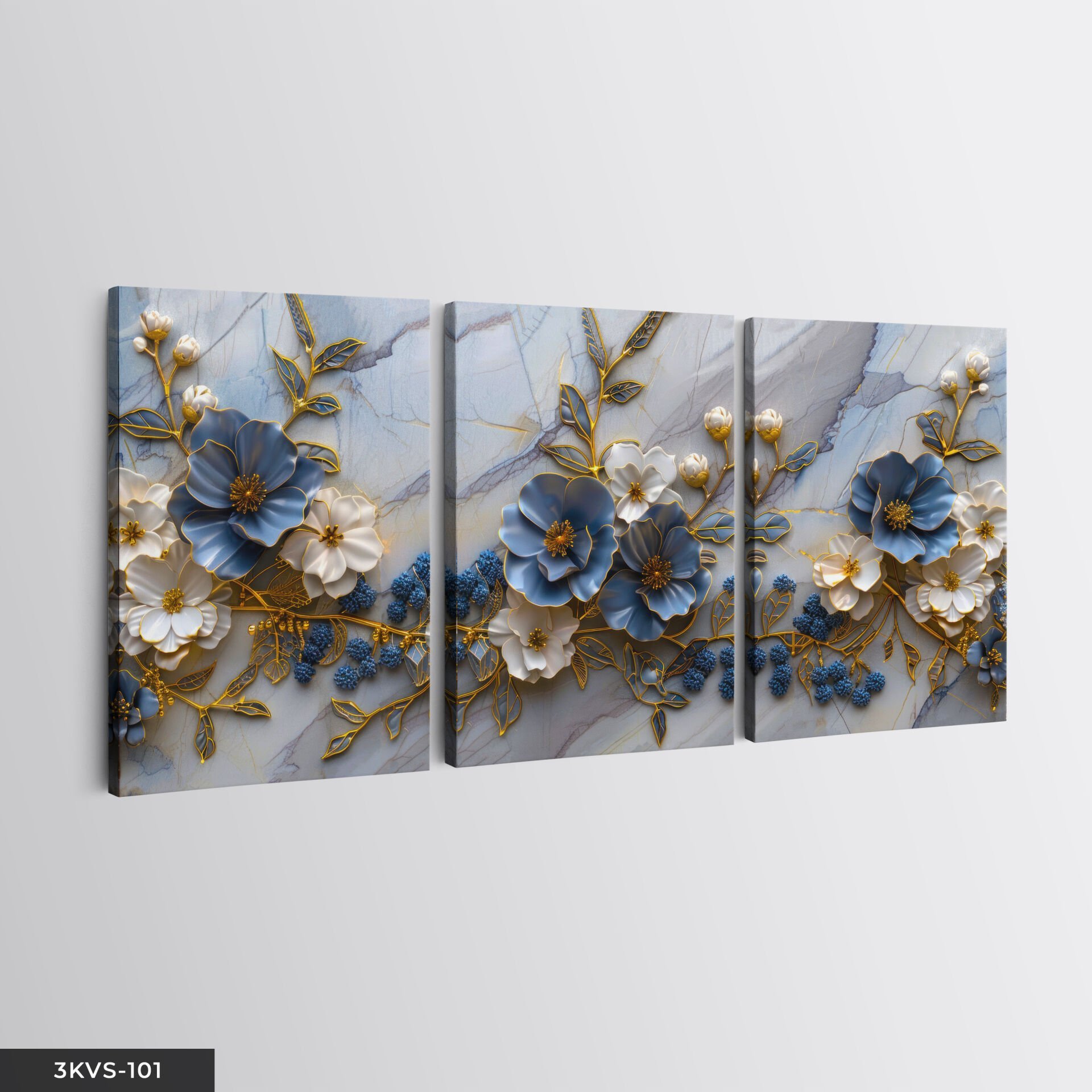 Mavi Çiçekler Mermer Arkaplan 3 Parça Kanvas - Canvas Tablo 40 x 30 CM