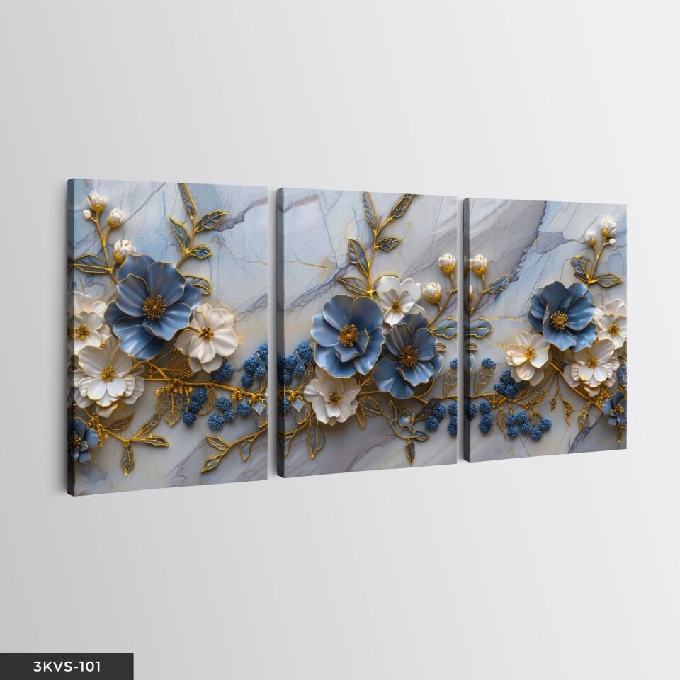 Mavi Çiçekler Mermer Arkaplan 3 Parça Kanvas - Canvas Tablo 45 x 65 CM