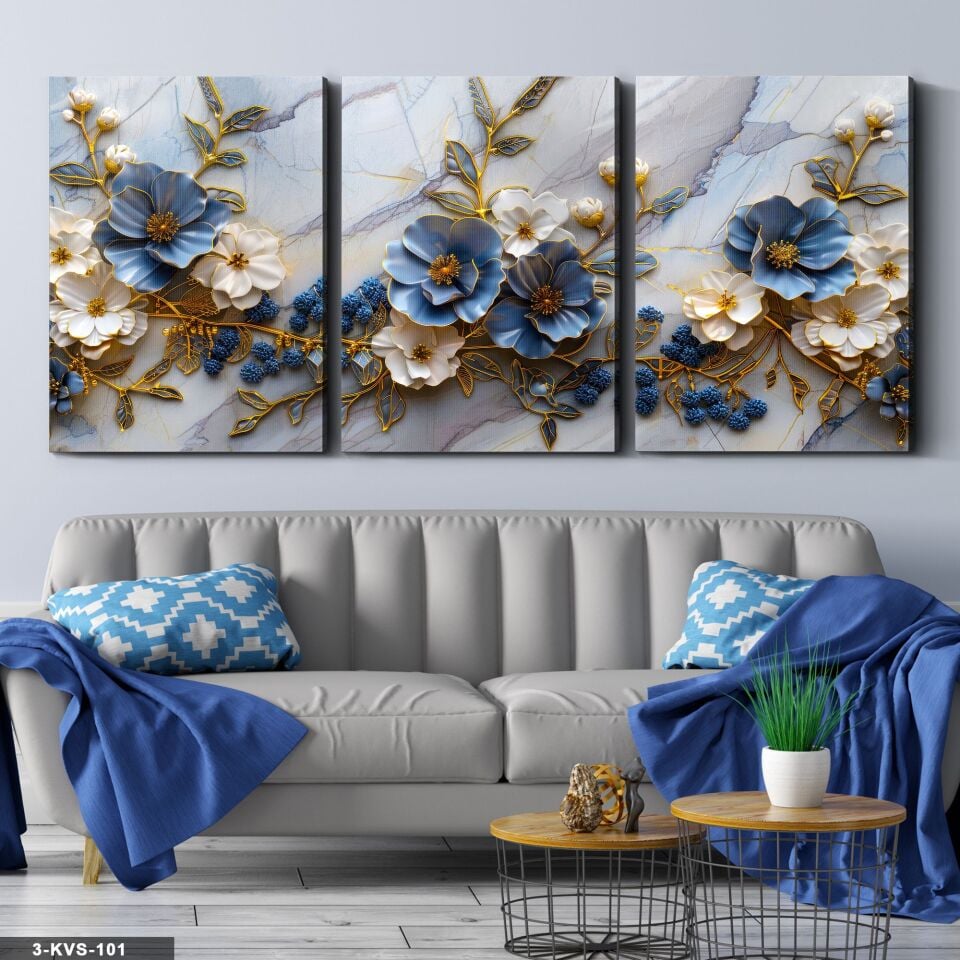 Mavi Çiçekler Mermer Arkaplan 3 Parça Kanvas - Canvas Tablo 45 x 65 CM