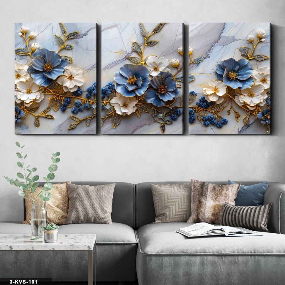 Mavi Çiçekler Mermer Arkaplan 3 Parça Kanvas - Canvas Tablo 40 x 30 CM