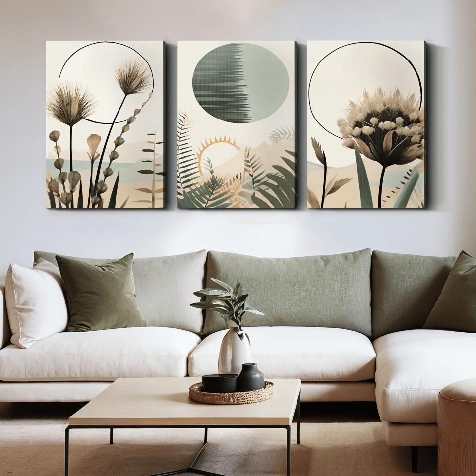 Boho Tarzı Suluboya Görünümlü 3 Parça Kanvas - Canvas Tablo