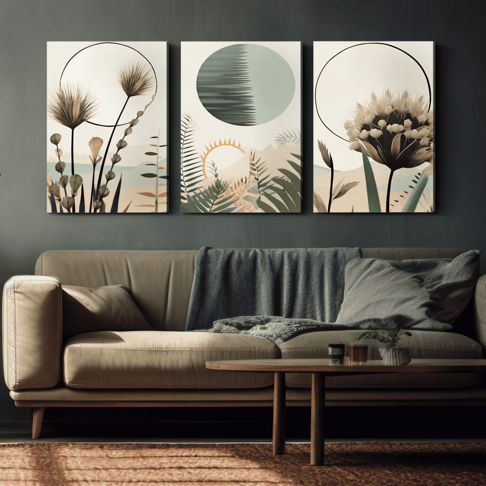 Boho Tarzı Suluboya Görünümlü 3 Parça Kanvas - Canvas Tablo