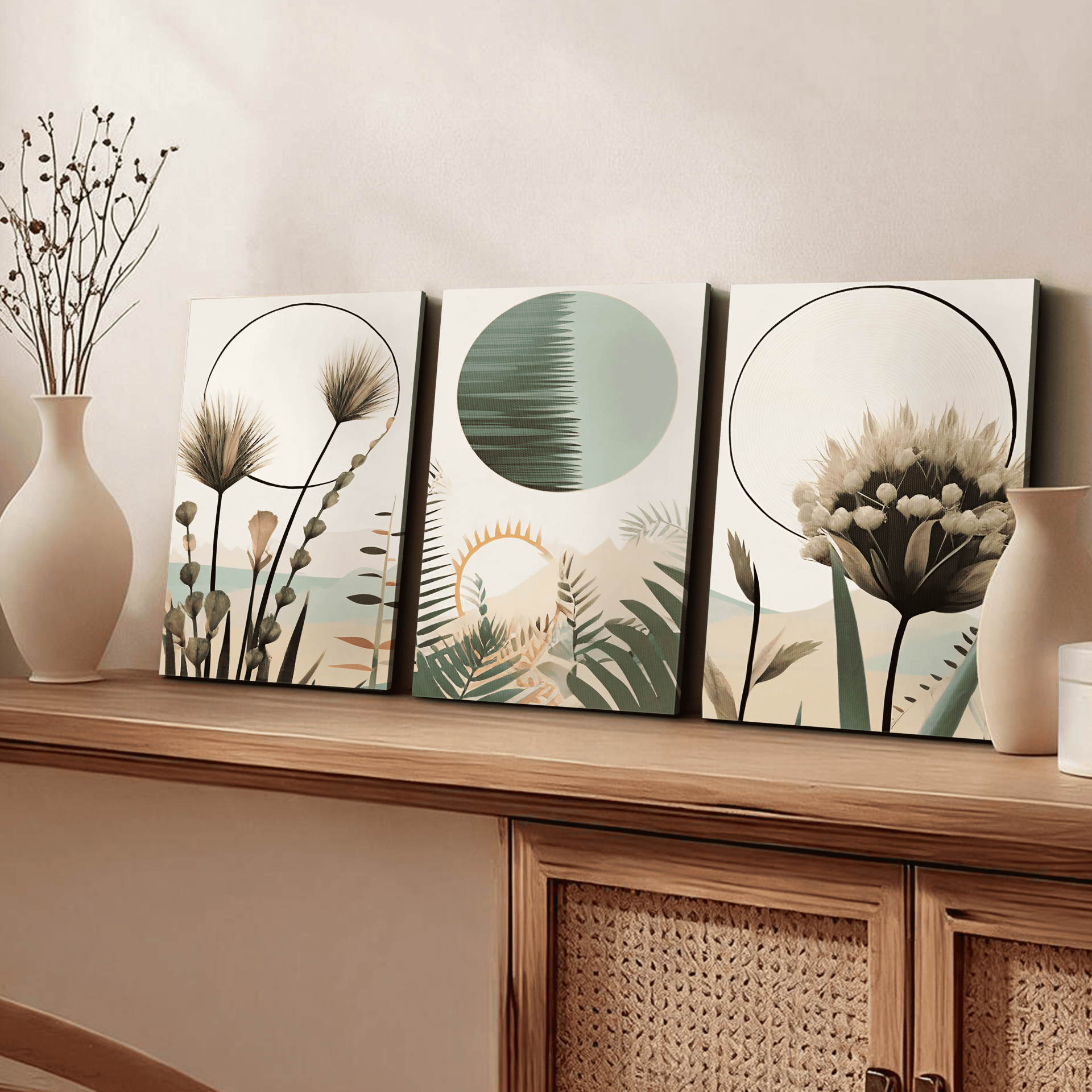 Boho Tarzı Suluboya Görünümlü 3 Parça Kanvas - Canvas Tablo