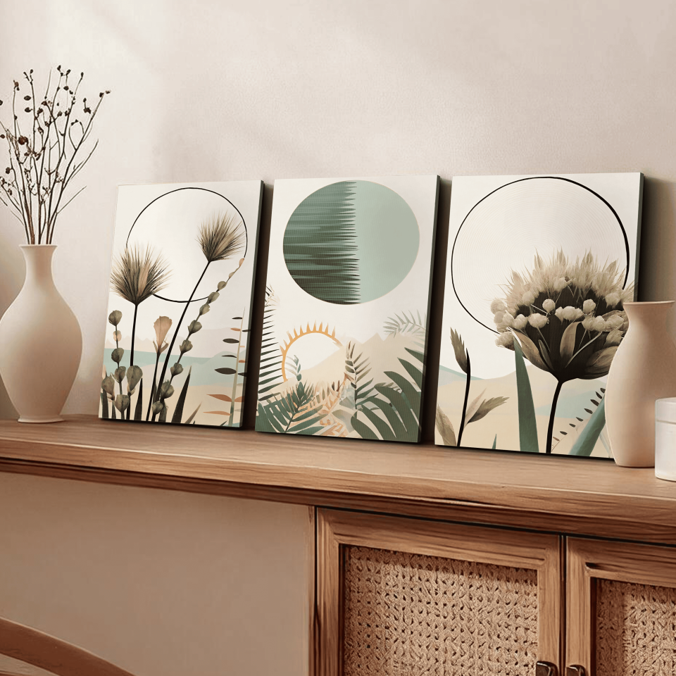 Boho Tarzı Suluboya Görünümlü 3 Parça Kanvas - Canvas Tablo