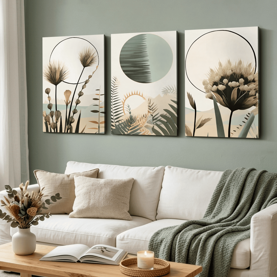 Boho Tarzı Suluboya Görünümlü 3 Parça Kanvas - Canvas Tablo