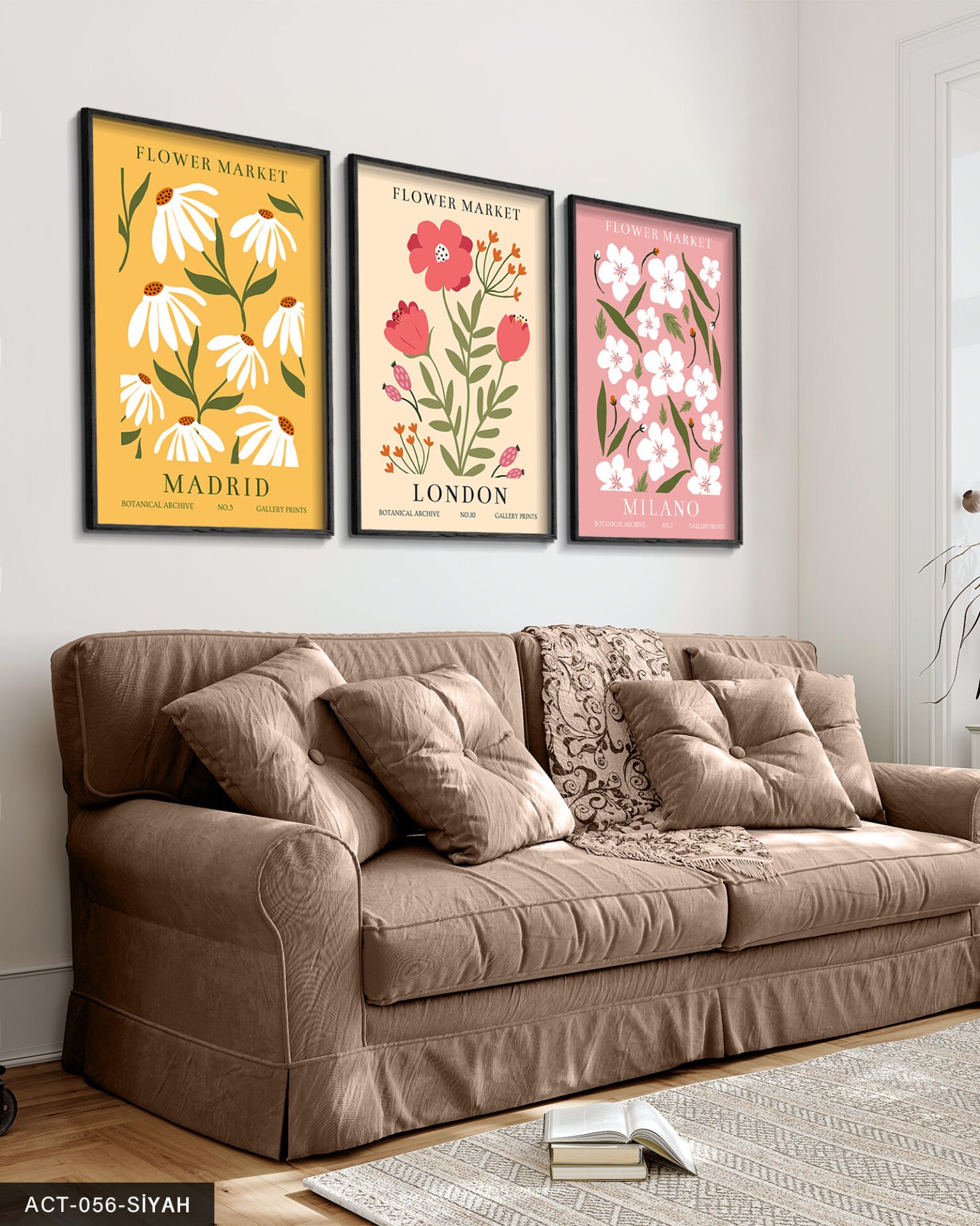 Çiçek Market 3 Parça Ahşap Çerçeveli Tablo Siyah - 50 x 70 CM
