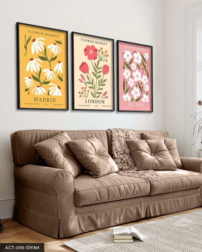 Çiçek Market 3 Parça Ahşap Çerçeveli Tablo Siyah - 50 x 70 CM