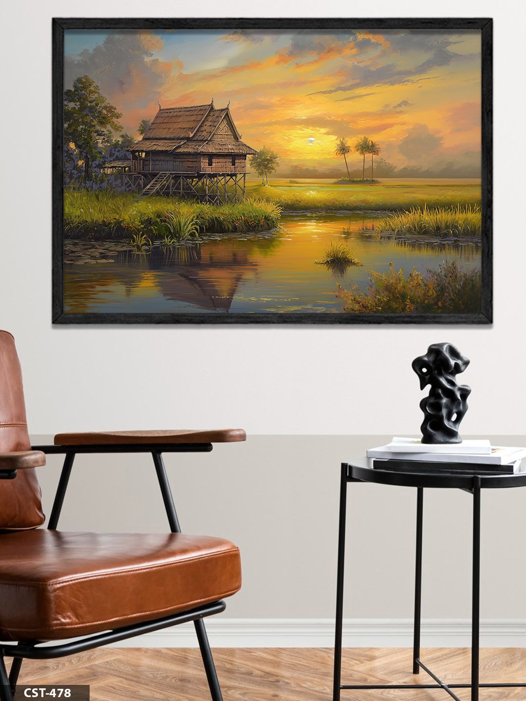 Günbatımında Köy Evi Tek Parça Ahşap Çerçeveli Tablo Siyah - 50 x 70 CM