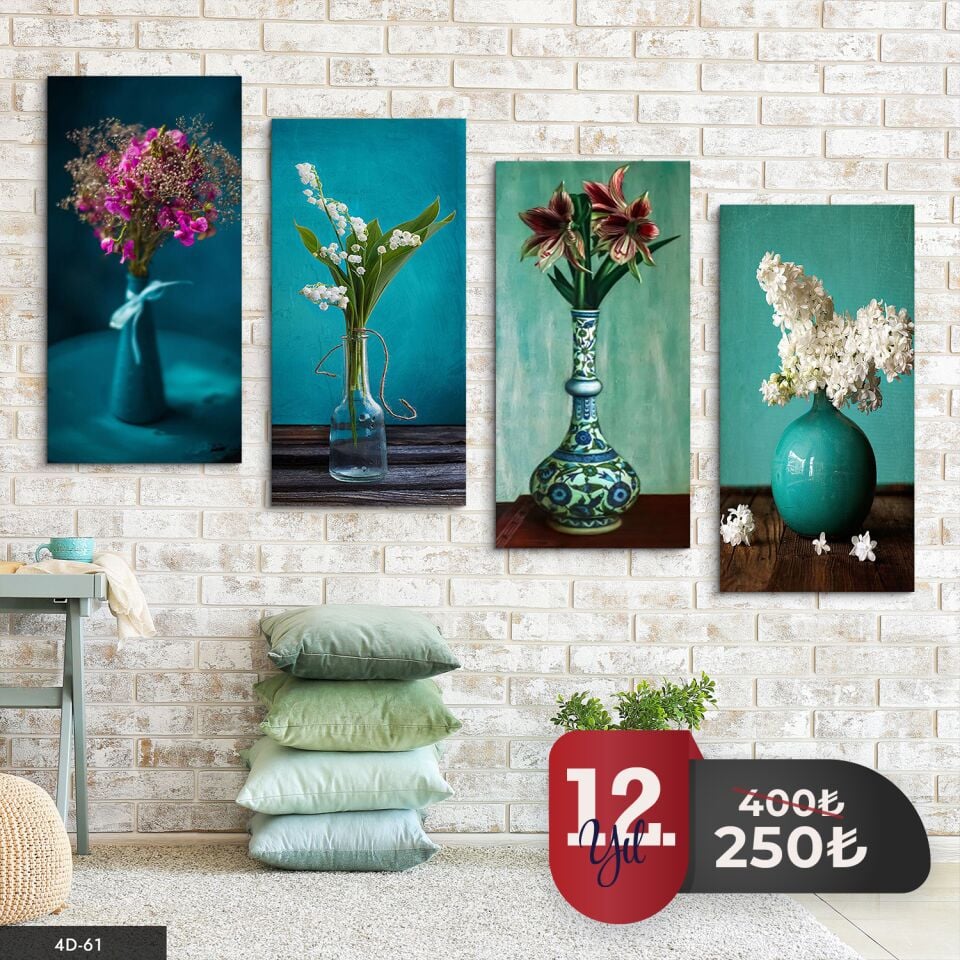 Vazoda Çiçekler 4 Parça Mdf Tablo