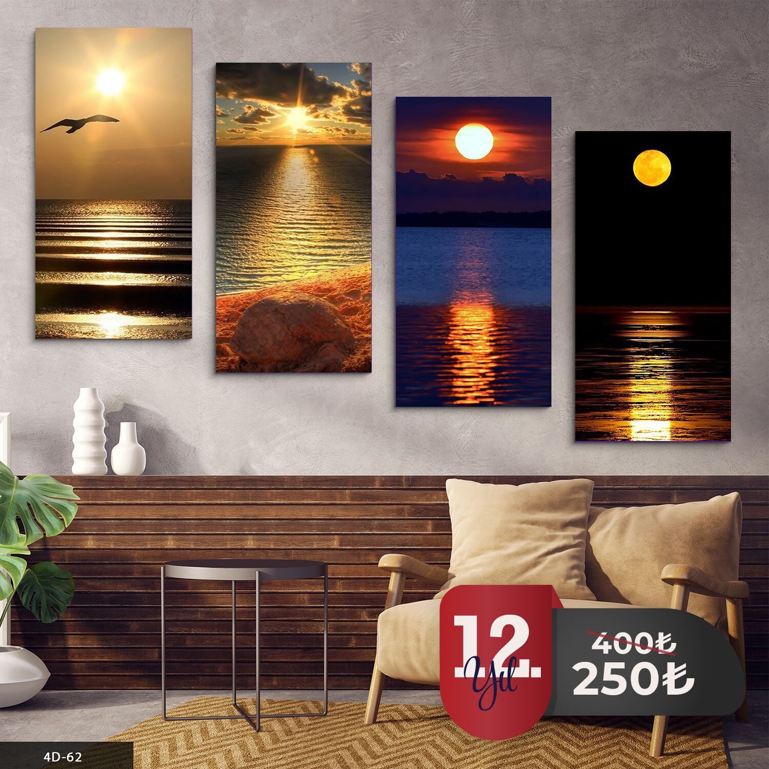 Gün Doğumu & Batımı Manzara 4 Parça Mdf Tablo