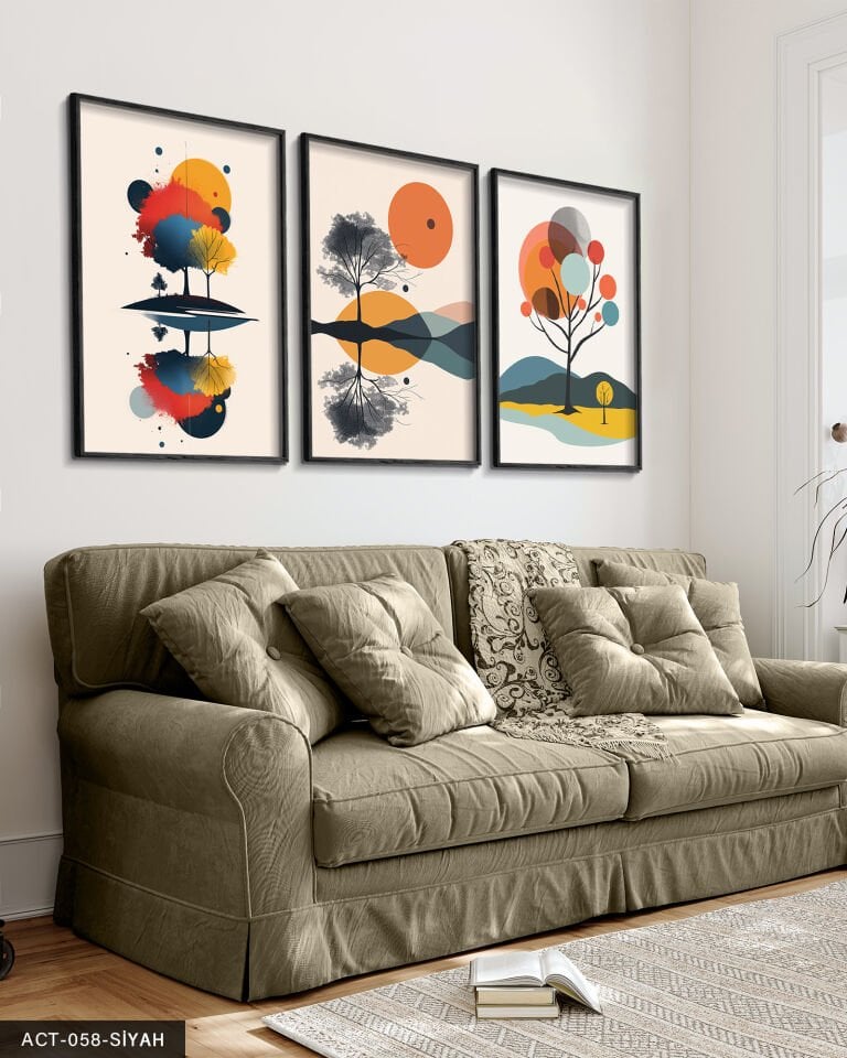 Doğa Ağaçlar Soyut 3 Parça Ahşap Çerçeveli Tablo Siyah - 50 x 70 CM