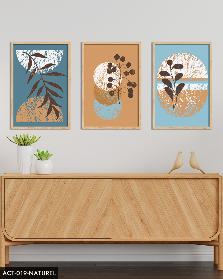 Bohem Tarzı, Soyut, Sanat, 3 Parça Ahşap Çerçeveli Tablo ACT Naturel - 40 x 60 CM