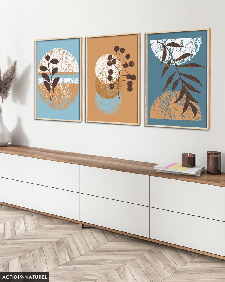 Bohem Tarzı, Soyut, Sanat, 3 Parça Ahşap Çerçeveli Tablo ACT Naturel - 40 x 60 CM