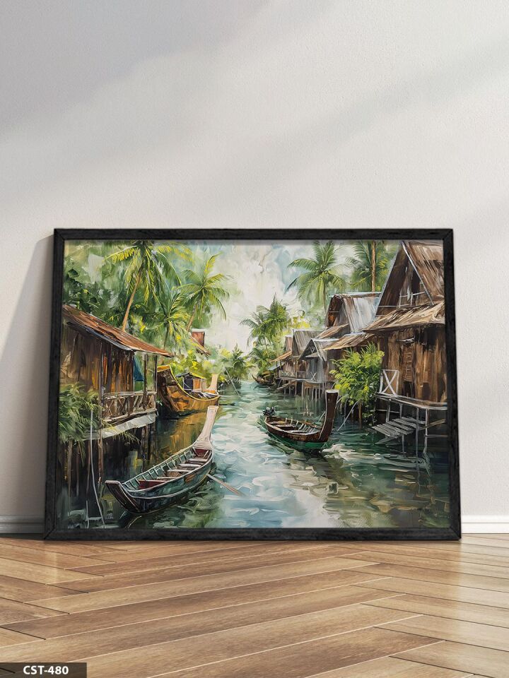 Kanaldaki Evler Tek Parça Ahşap Çerçeveli Tablo Siyah - 50 x 70 CM
