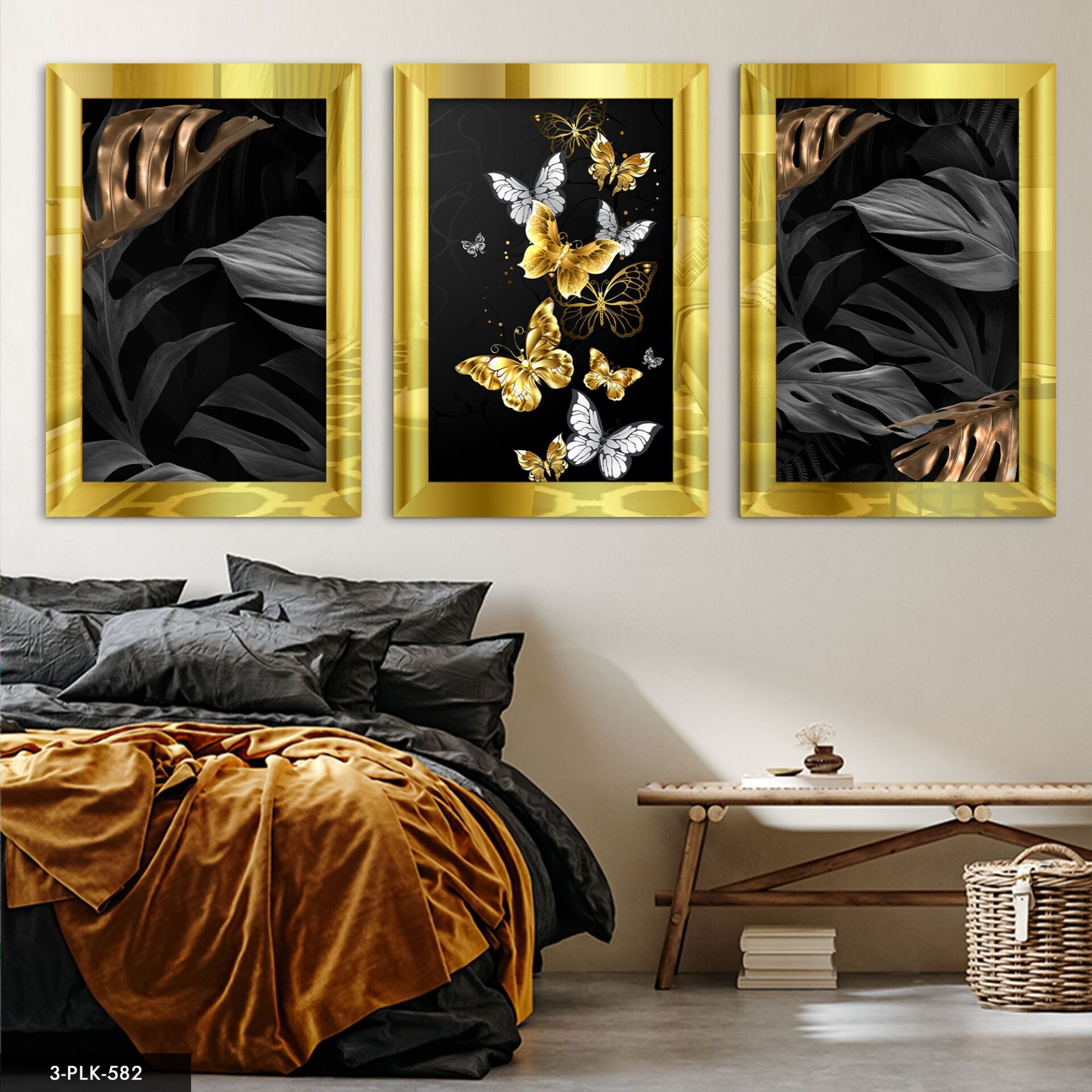 Çiçek ve Kelebek 3 Parça Pleksi Aynalı Tablo 20 x 30 CM - Gold