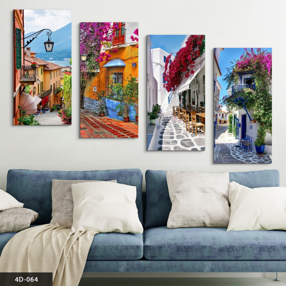 Çiçekli Dar Sokaklar 4 Parça Mdf Tablo
