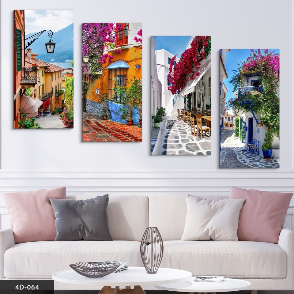 Çiçekli Dar Sokaklar 4 Parça Mdf Tablo