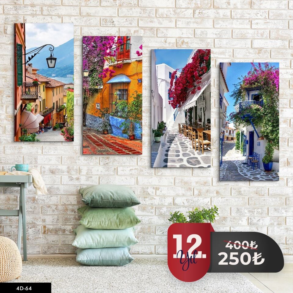 Çiçekli Dar Sokaklar 4 Parça Mdf Tablo