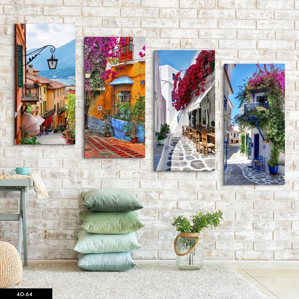 Çiçekli Dar Sokaklar 4 Parça Mdf Tablo