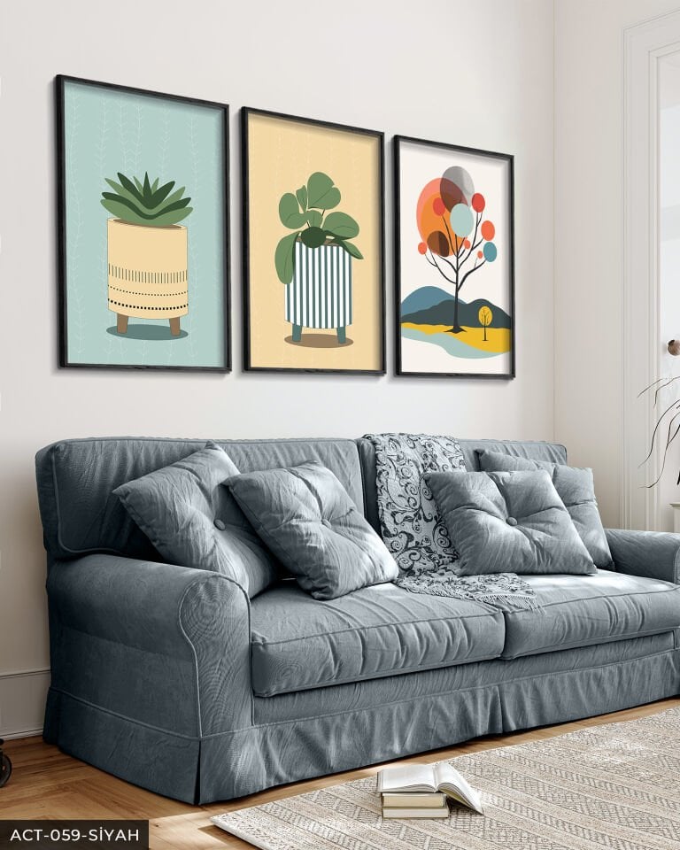 Saksıda Çiçek 3 Parça Ahşap Çerçeveli Tablo Siyah - 50 x 70 CM