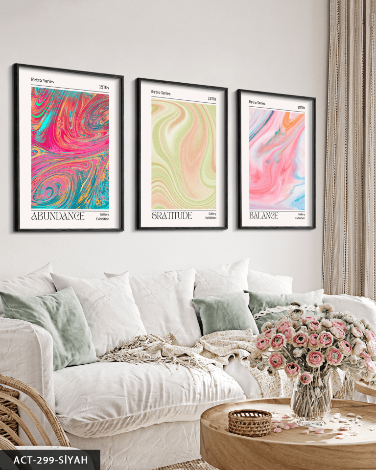 Aura Retro 3 Parça Ahşap Çerçeveli Tablo ACT Siyah - 30 x 40 CM