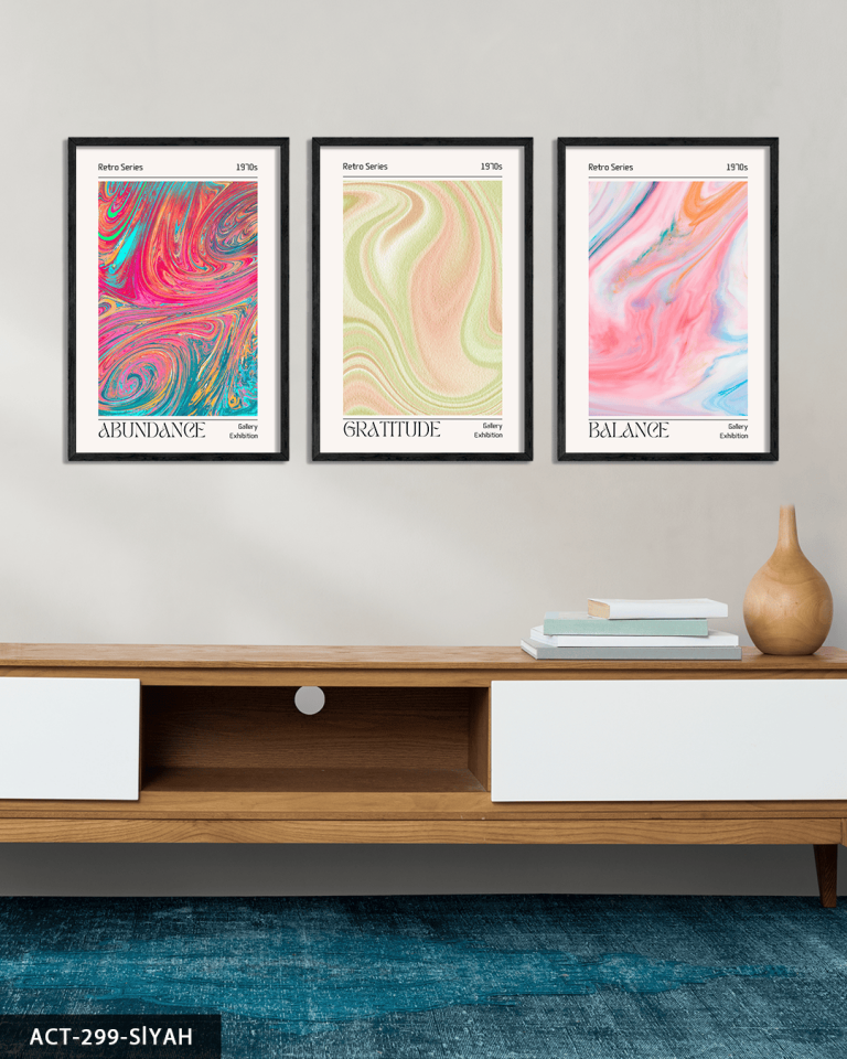 Aura Retro 3 Parça Ahşap Çerçeveli Tablo ACT Siyah - 30 x 40 CM