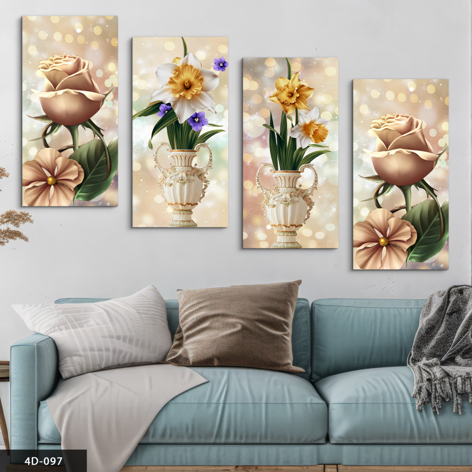 Işıltılı Vazoda Çiçekler 4 Parça Mdf Tablo