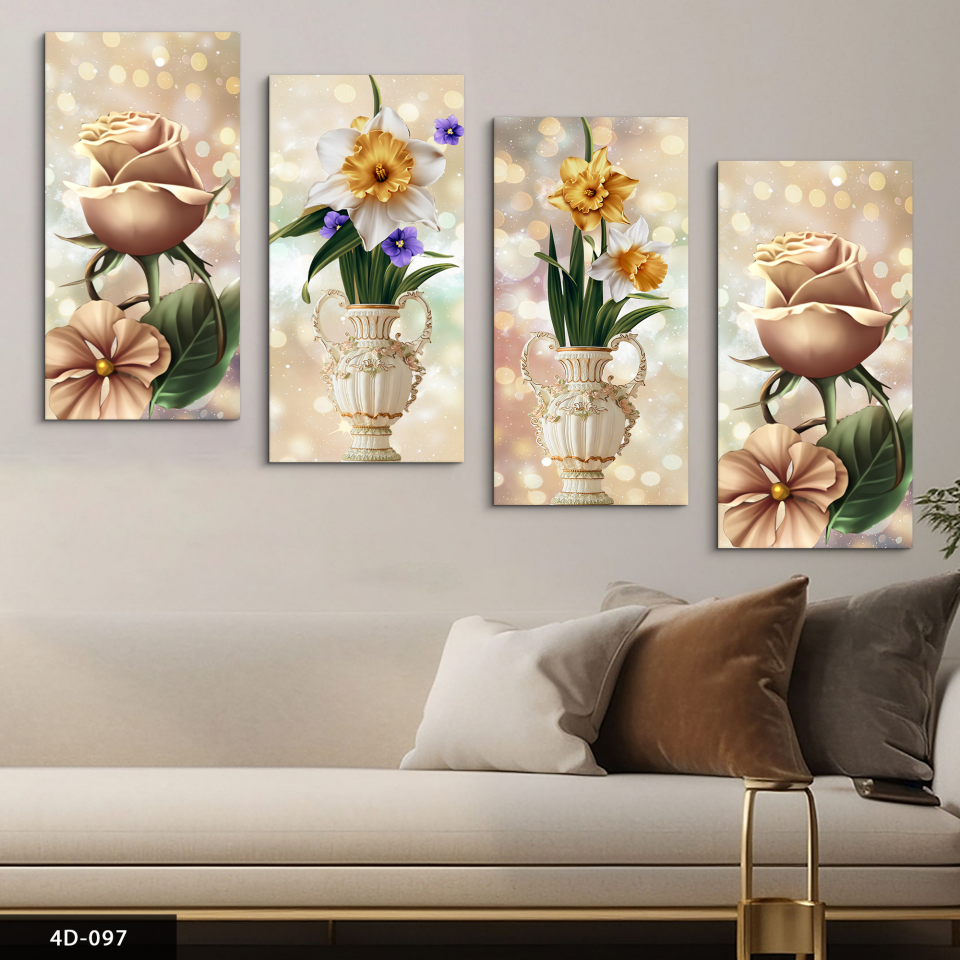 Işıltılı Vazoda Çiçekler 4 Parça Mdf Tablo