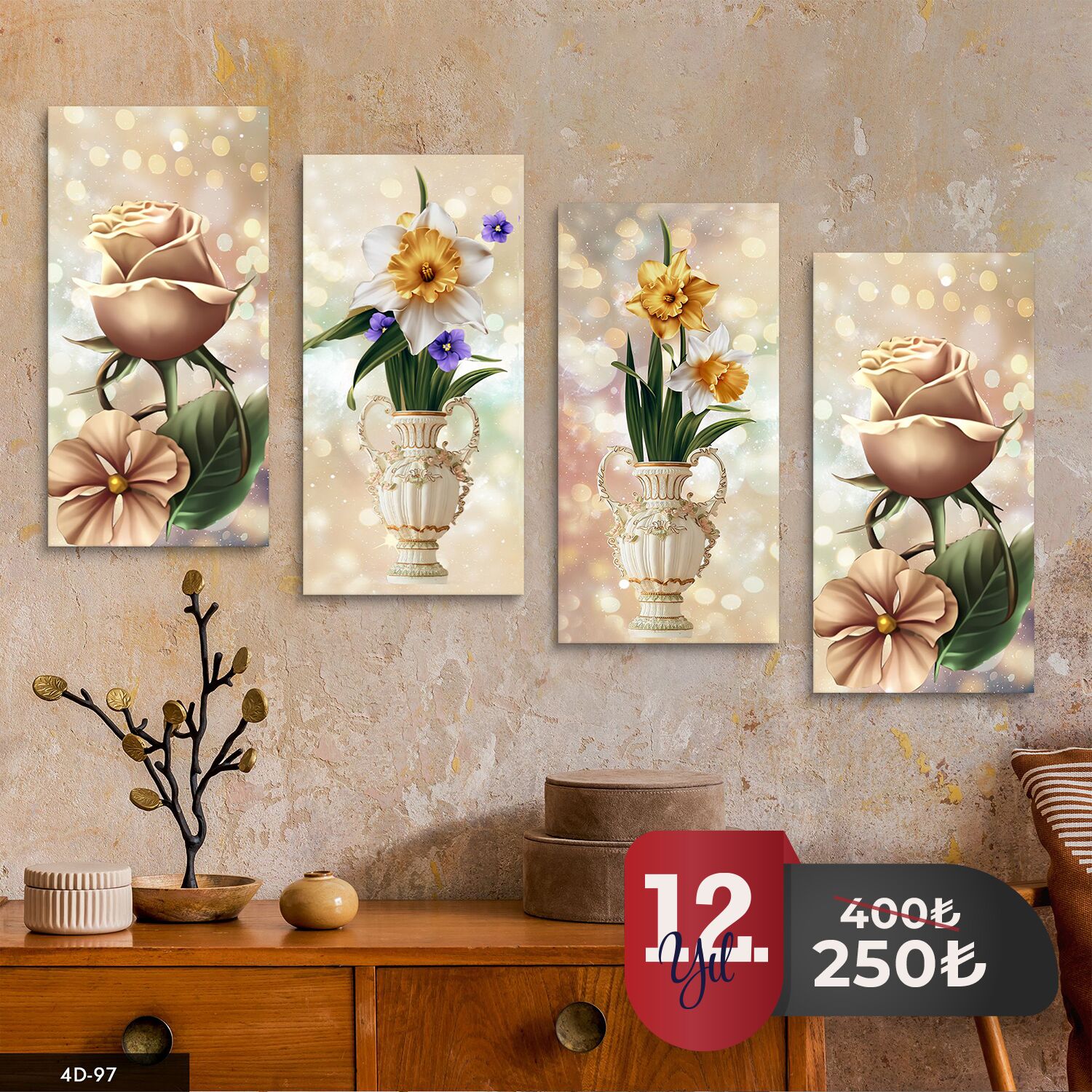 Işıltılı Vazoda Çiçekler 4 Parça Mdf Tablo