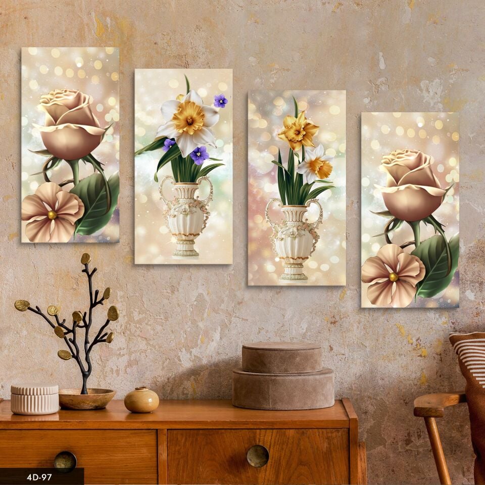 Işıltılı Vazoda Çiçekler 4 Parça Mdf Tablo