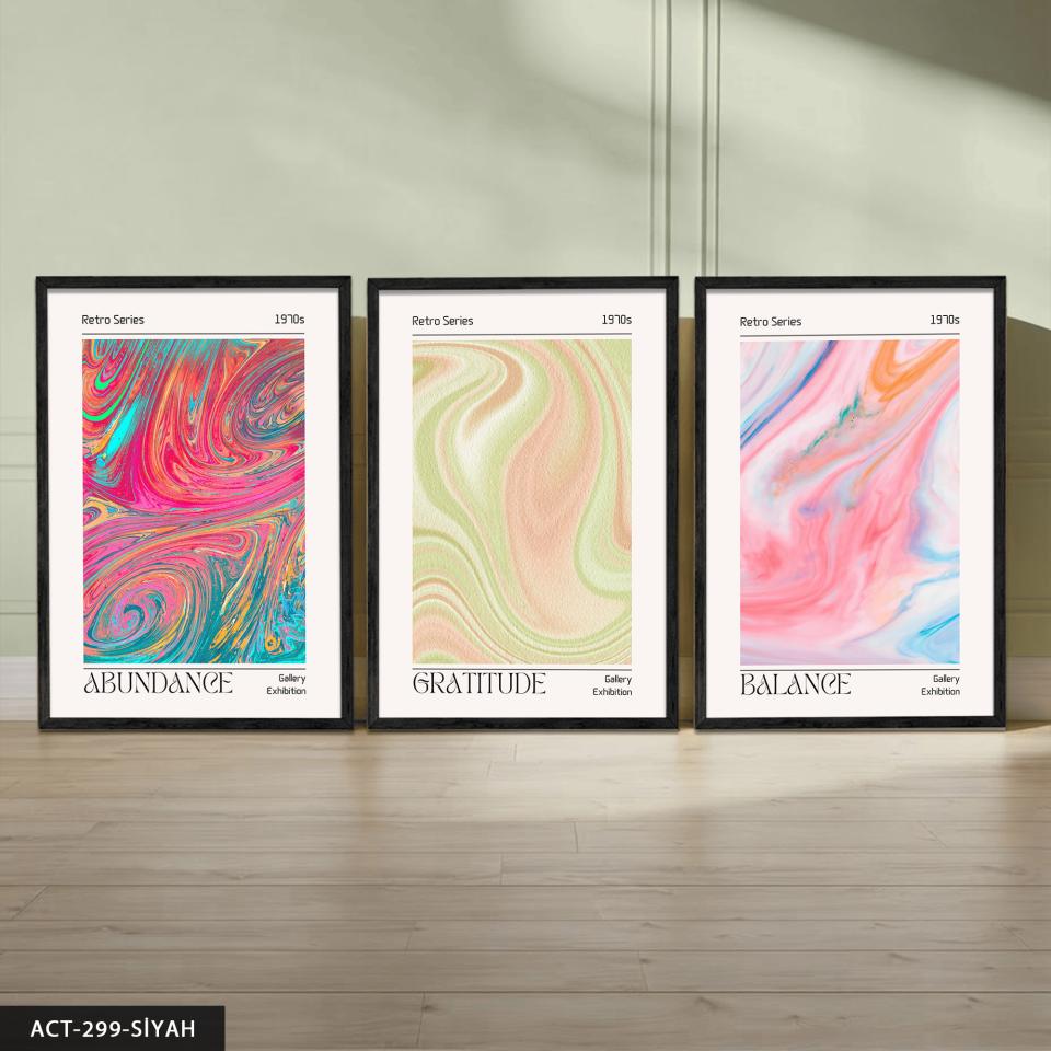 Aura Retro 3 Parça Ahşap Çerçeveli Tablo ACT Siyah - 40 x 60 CM