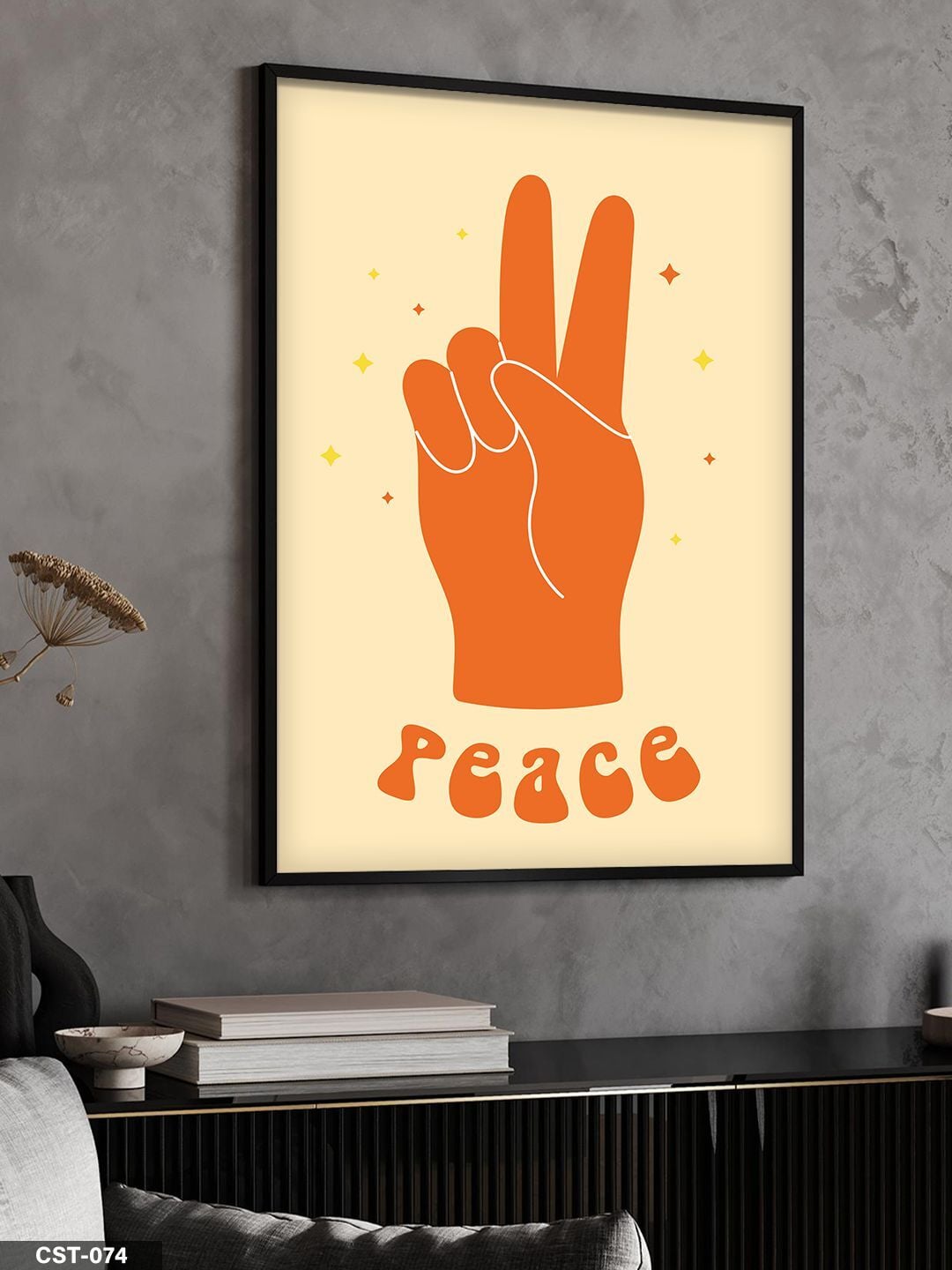 Barış İşareti El illüstrasyon Tek Parça Ahşap Çerçeveli Tablo Siyah - 40 x 60 CM