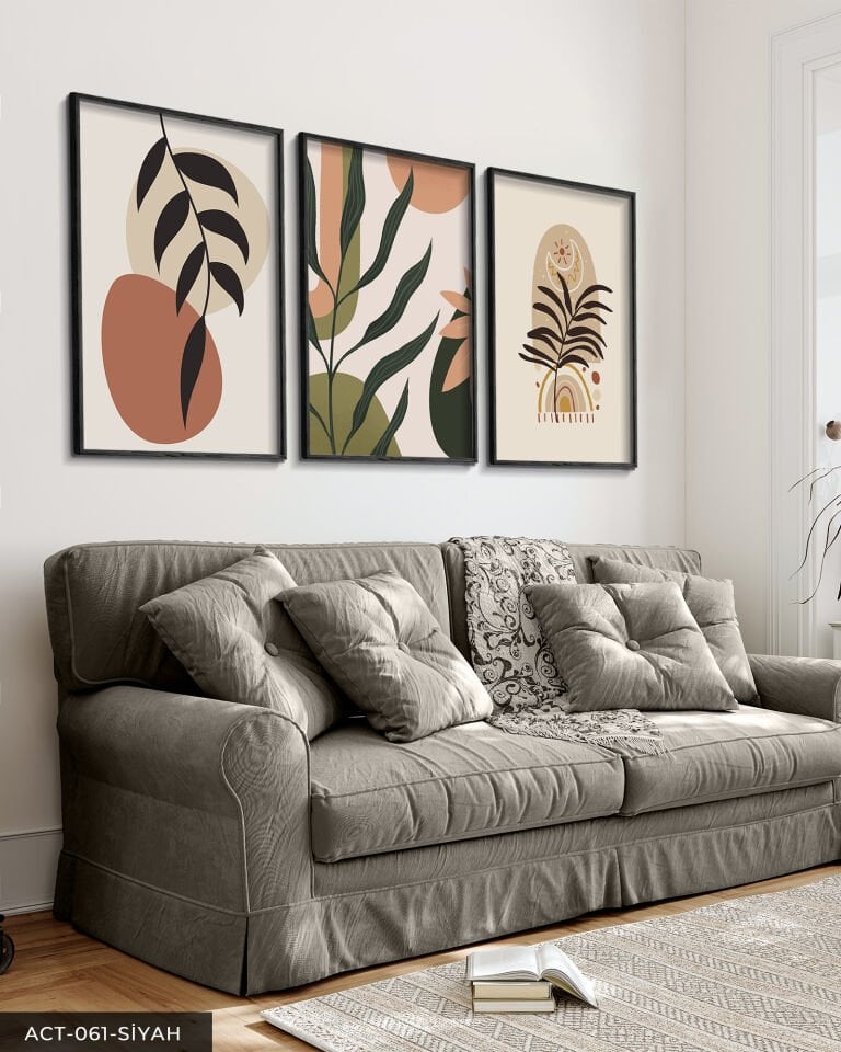 Çiçekler 3 Parça Ahşap Çerçeveli Tablo Siyah - 50 x 70 CM