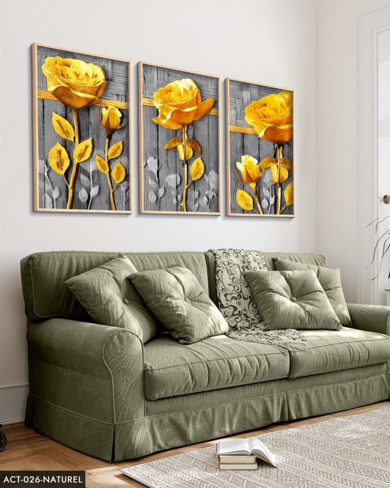 Gold Çiçek 3 Parça Ahşap Çerçeveli Tablo ACT Naturel - 40 x 60 CM