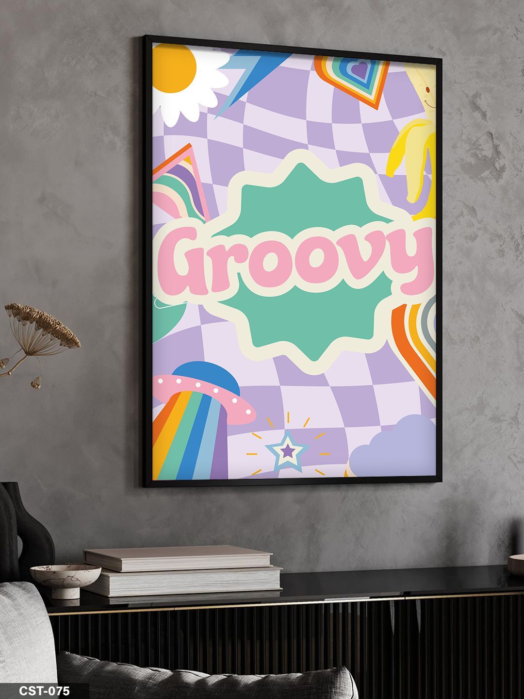 Groovy Yazılı Retro Renkli Tek Parça Ahşap Çerçeveli Tablo Siyah - 40 x 60 CM