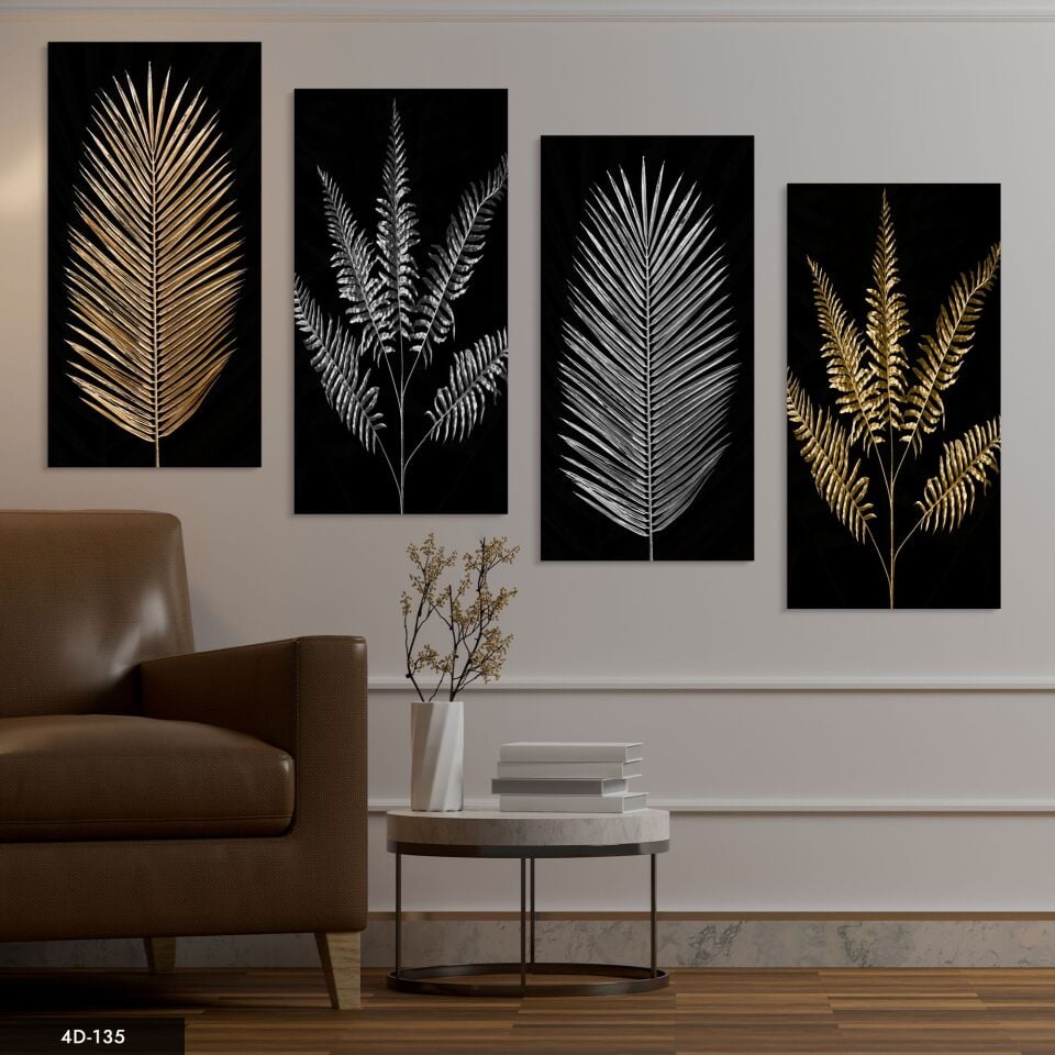 Gold Gümüş Yaprak 4 Parça Mdf Tablo