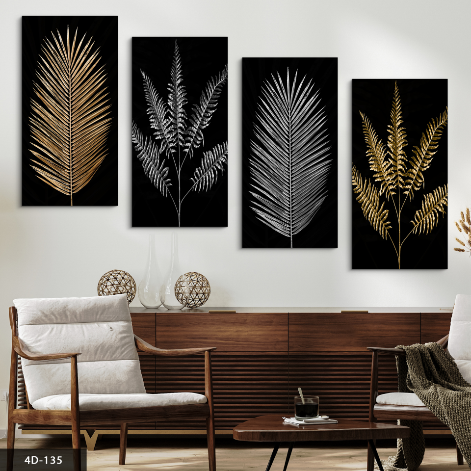 Gold Gümüş Yaprak 4 Parça Mdf Tablo