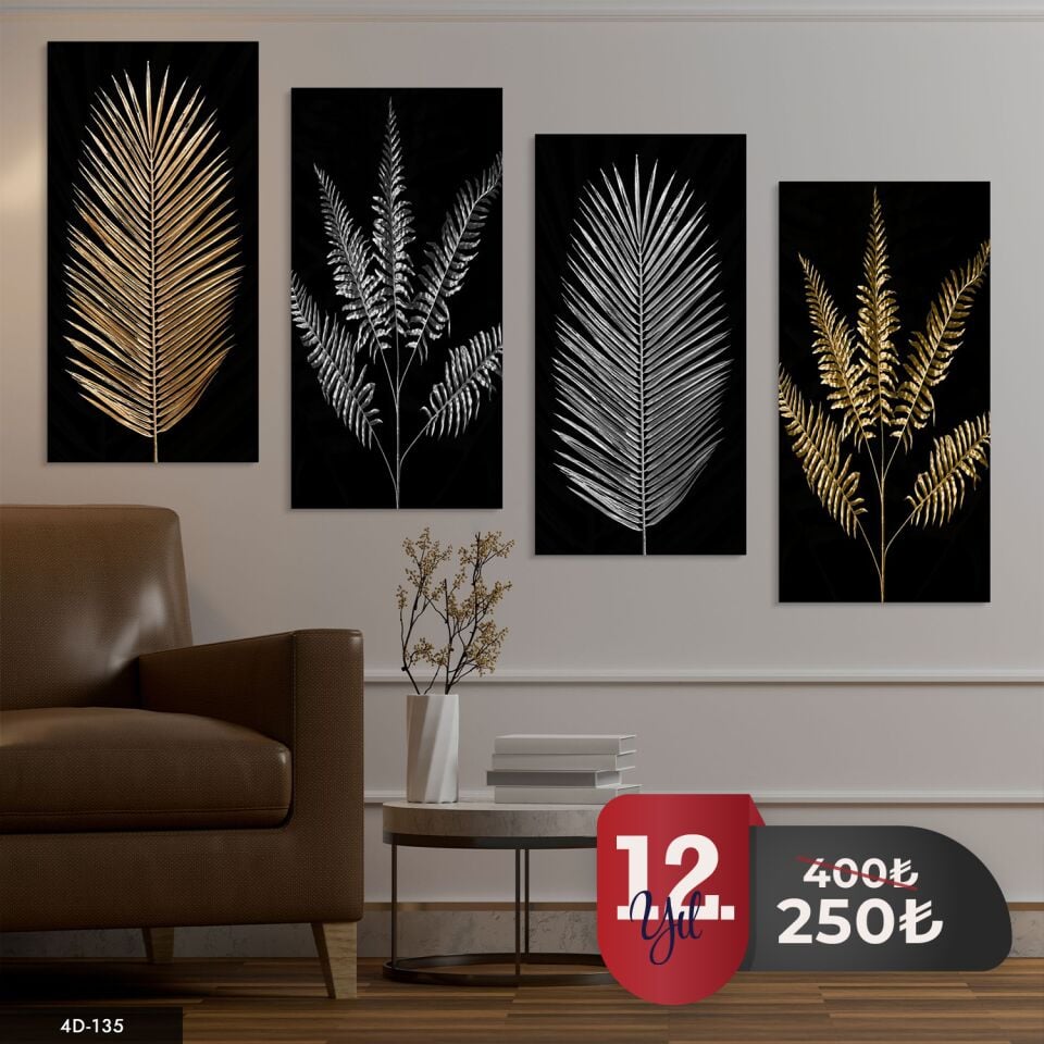 Gold Gümüş Yaprak 4 Parça Mdf Tablo