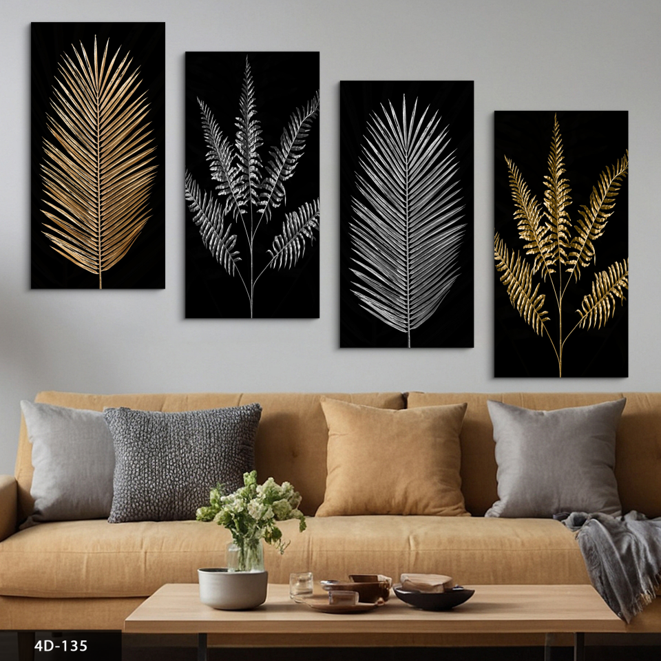 Gold Gümüş Yaprak 4 Parça Mdf Tablo