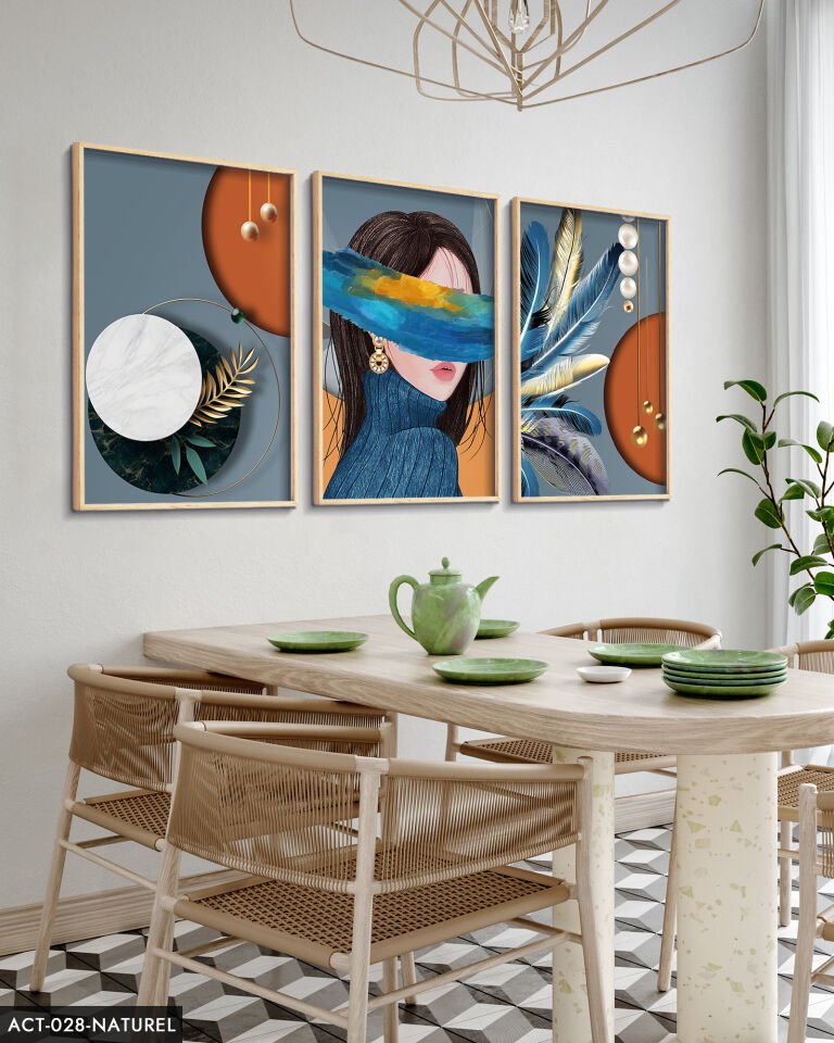 Soyut, Sanatsal, Kadın, Tüy, 3 Parça Ahşap Çerçeveli Tablo ACT Naturel - 40 x 60 CM