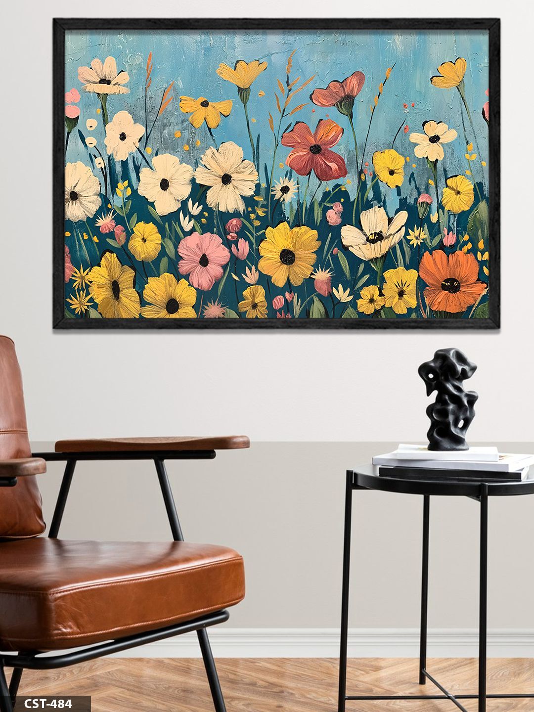 Çiçekler Tek Parça Ahşap Çerçeveli Tablo Siyah - 50 x 70 CM