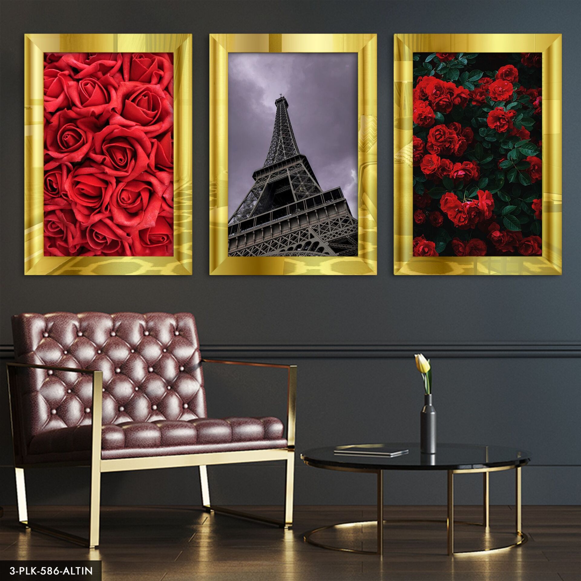 Güller Eyfel Kulesi 3 Parça Pleksi Aynalı Tablo 20 x 30 CM - Gold