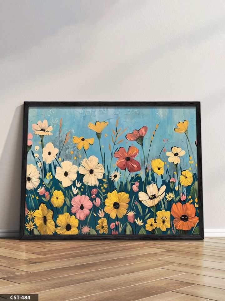 Çiçekler Tek Parça Ahşap Çerçeveli Tablo Siyah - 50 x 70 CM